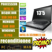 LENOVO THINKPAD T430 14" INTEL CORE I5 -332M CPU 2.60 ghz  RAM 8 Go SSD 240 Go  WINDOWS 10 PRO WIFI ORDINATEUR PORTABLE  VENDU AVEC 