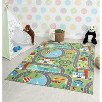 the carpet Happy Life - Tapis de jeu pour chambre d'enfant avec rues, villes et voitures, lavable, vert, 200 x 200 cm