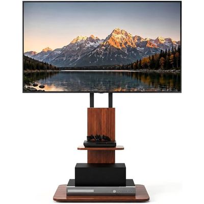 Meuble TV Au Sol RFIVER Pivotant 360° + Hauteur Réglable 32-75 Pouces – Socle Bois & Métal 3 Étagères – Support 50 Kg – Blanc