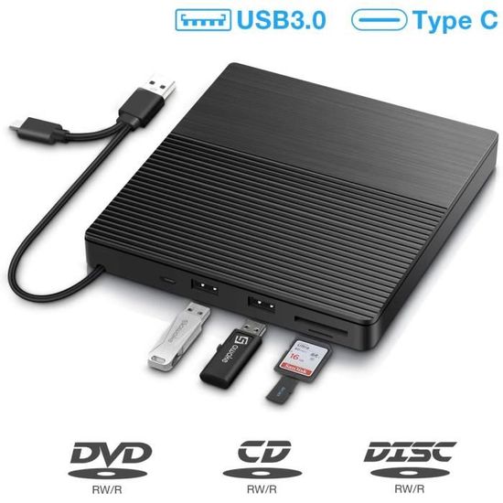  Lecteur CD/DVD Externe, Graveur DVD/CD Externe USB 3.0 et Type-C, Ports USB, Slot SD/TF, Ultra-Mince Portable, External Drives pour