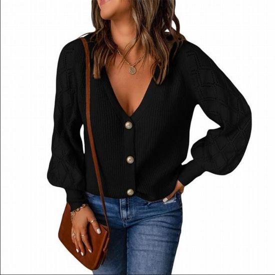 Pull Femme Col V Manches Bouffantes En Tricot - Couleur Unie Douce Et Décontractée - Printemps, Automne, Hiver