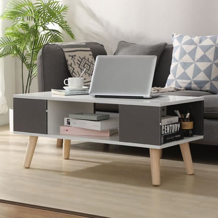 Table Basse Scandinave Table Basse Blanche et Grise de Café pieds en bois en style scandinave