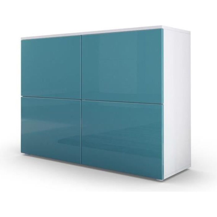 Commode design avec le corps mat blanc et façade laquée blanche et turquoise