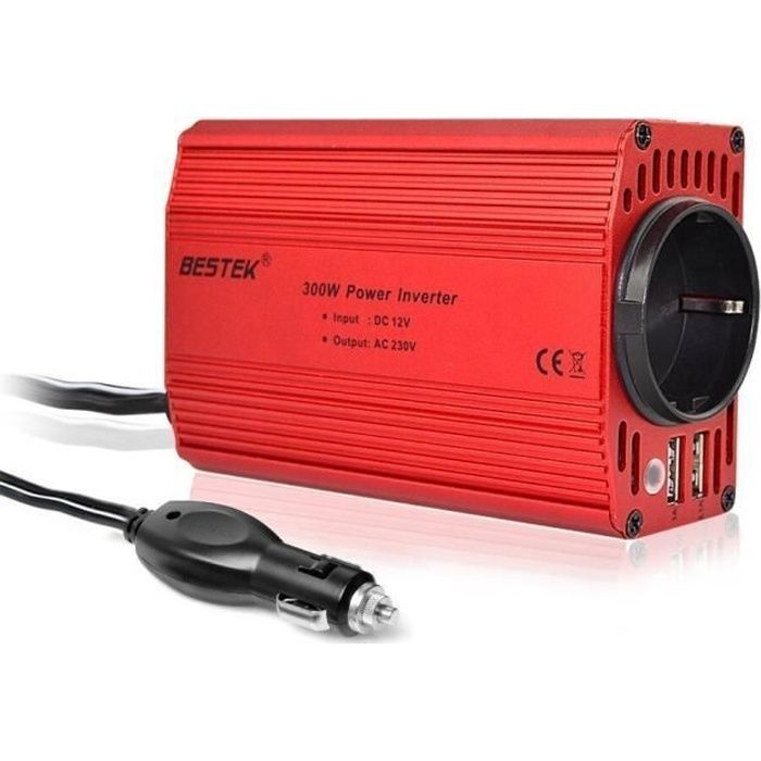 BESTEK Convertisseur 12V 220V 300W Transformateur de Courant avec 1 Prise Française et 2 Ports USB pour Voiture Camion Alimenter