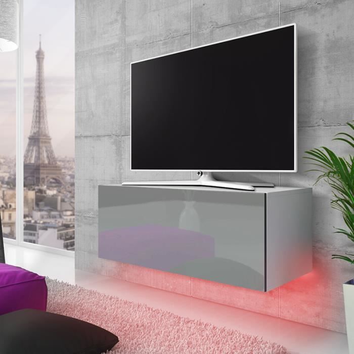 Meuble TV / Meuble de salon suspendu - LANA - 100 cm - blanc mat / gris brillant - éclairage RBG multicolore - style moderne