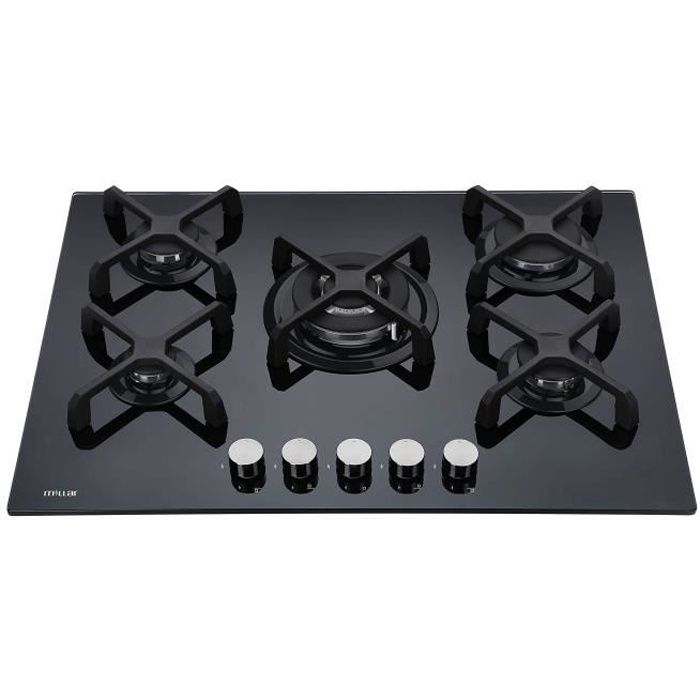 Millar GH7051KB Plaque de cuisson en Verre trempé avec 5 brûleurs à gaz Noir 70 cm-Table de Cuisson