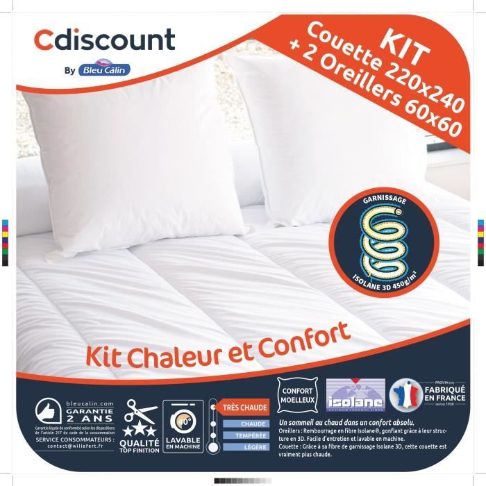 BLEU CALIN Lot couette 220x240 + 2 oreillers 60x60 cm microfibre - Blanc