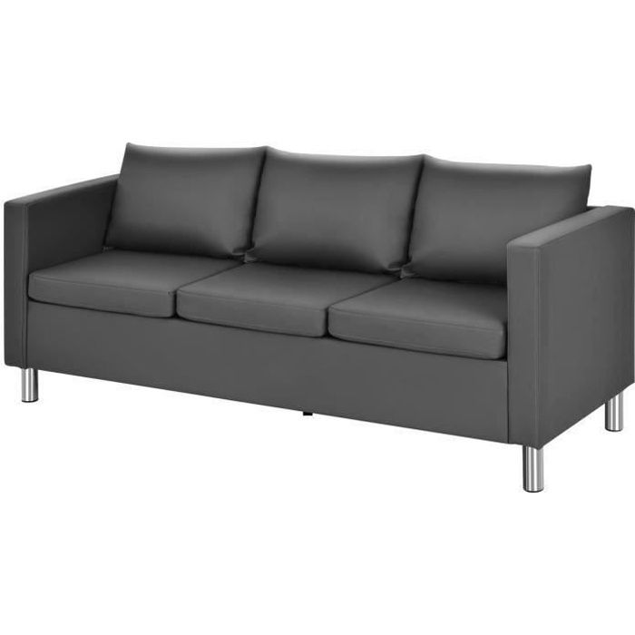 COSTWAY Canapé Droit Convertible 3 Places avec 3 Coussins 170x60CM en Cuir Pied en Métal Argenté Décoration Maison Salon Bureau Gris