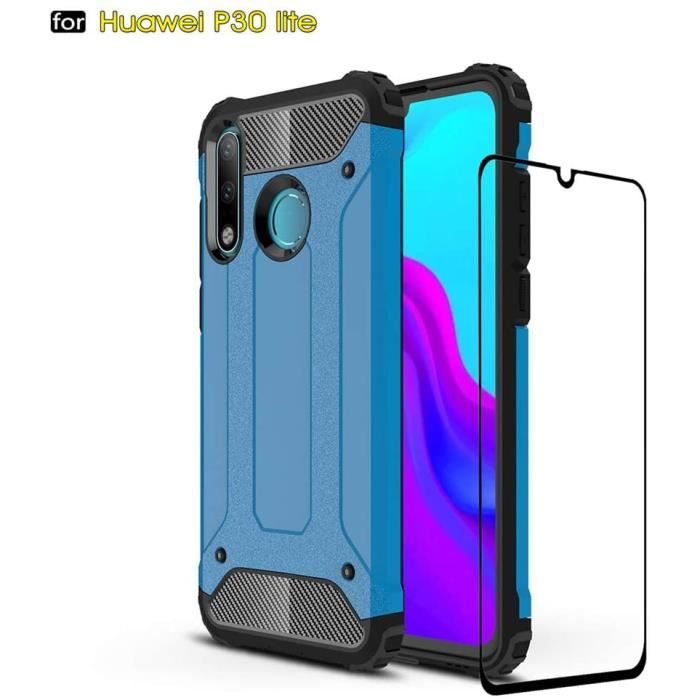 Coque Huawei P30 Lite, Hard PC Soft TPU 2 en 1 360° Armure de Protection Résistant aux Chocs Résistant aux Rayures + Verre tNB