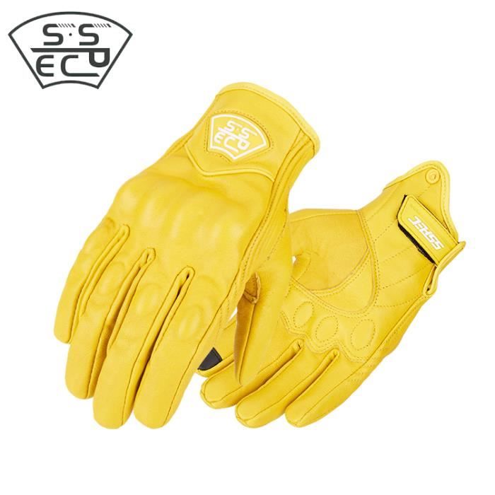 Gants de moto,Vintage moto gants en cuir conduite course équitation moto montagne vélo gant Motocross en cuir véritable jaune gant