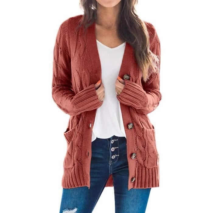 Femme Cardigan Ouver boutonné Gilets Manches Longues Cardigan Les Poches Veste Long Tricoté Pull Manteau Rouge