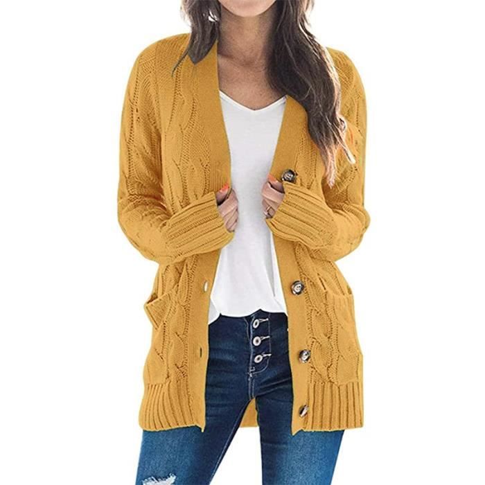 Cardigan Gilet Femme Cardigan avec Poches En Tricot ,Veste Cardigan Décontractée,Cardigan Gilet pour Femme L-Jaune