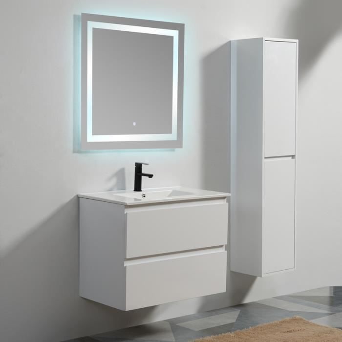 Meuble de salle de bain 2 Tiroirs - MDF 19 mm - Blanc - Vasque - Miroir LED - 80x46 cm - City