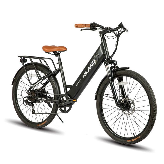 HILAND Vélo électrique pour hommes et femmes, 26 pouces, moteur 250W, 25km/h, batterie 10Ah, 7 vitesses, noir