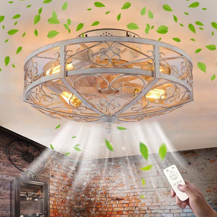 Ventilateur De Plafond Silencieux Avec Lumière Et Télécommande Plafonnier E27 De Cage Rétro Fan