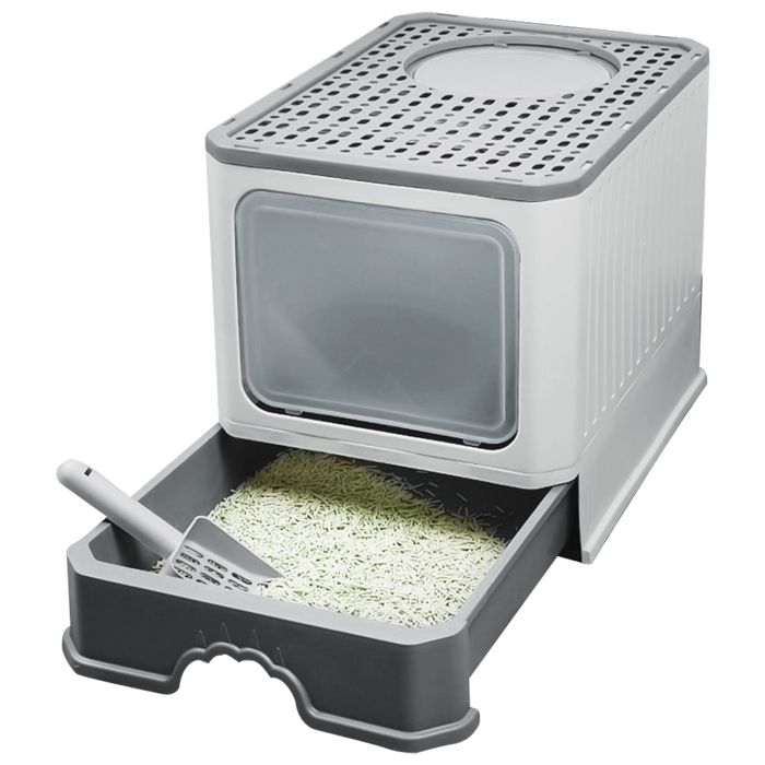 Comparer les prix de 37*50*38CM Bac à litière pour chat - pliable - avec pelle à litière - gris - Accessoires pour animaux de compagnie