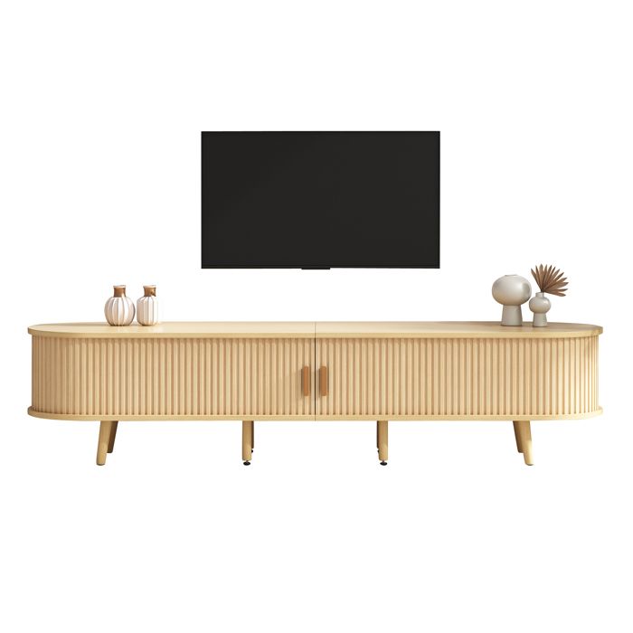 Meuble TV 2 Portes Coulissantes 2 Tiroir et Compartiment Rangement Meuble de salon Design Minimaliste 175x40x42cm Bois clair