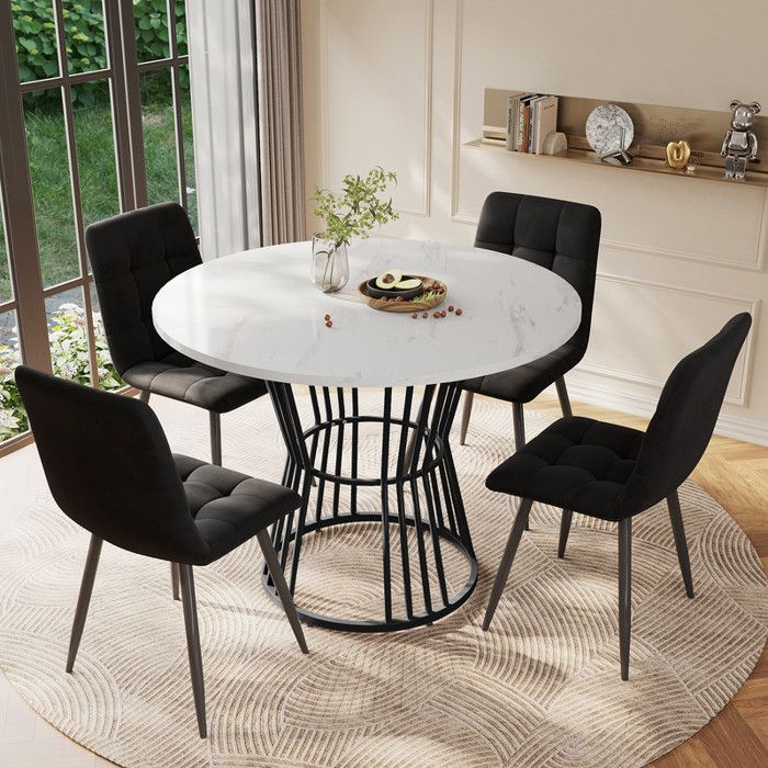 Ensemble Table et Chaises Salle a Manger Ronde de 100 cm Table a Manger avec 4 Chaises en Velours Noir Pieds de Table Noir