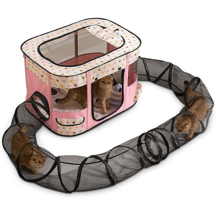 Comparer les prix de Parc pour Chat avec Tunnel Enclos Pliable Interactif avec Grand Espace de Jeu Tente Extérieure Sûre pour Chats dIntérieur Rose XL