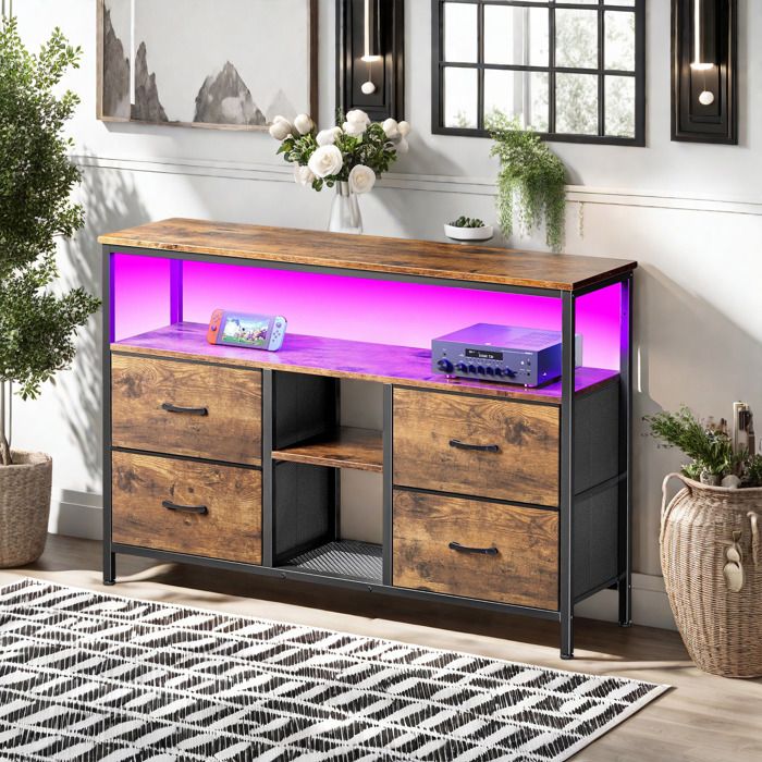Meuble TV - Style rétro - Bois (panneaux de particules) - 4 tiroirs - LED réglable - 108x29x78 cm