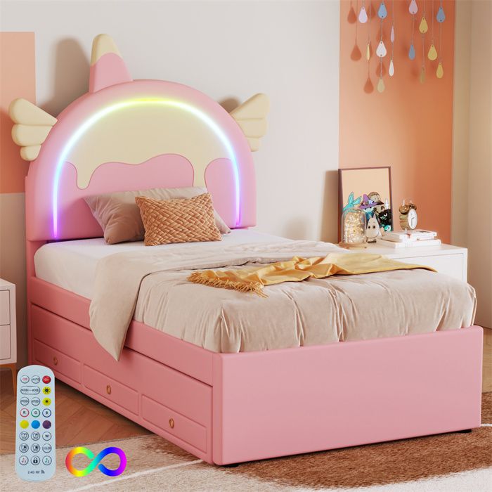 Lit enfant forme licorne 90 x 200 cm avec lit gigogne et tiroirs PU rose sommier à lattes