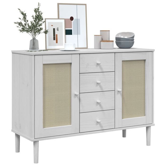 MGH - TOP Buffet de rangement - Cabinet/Commode Bois - SENJA aspect rotin blanc 112x40x80cm bois massif de pin LV1037