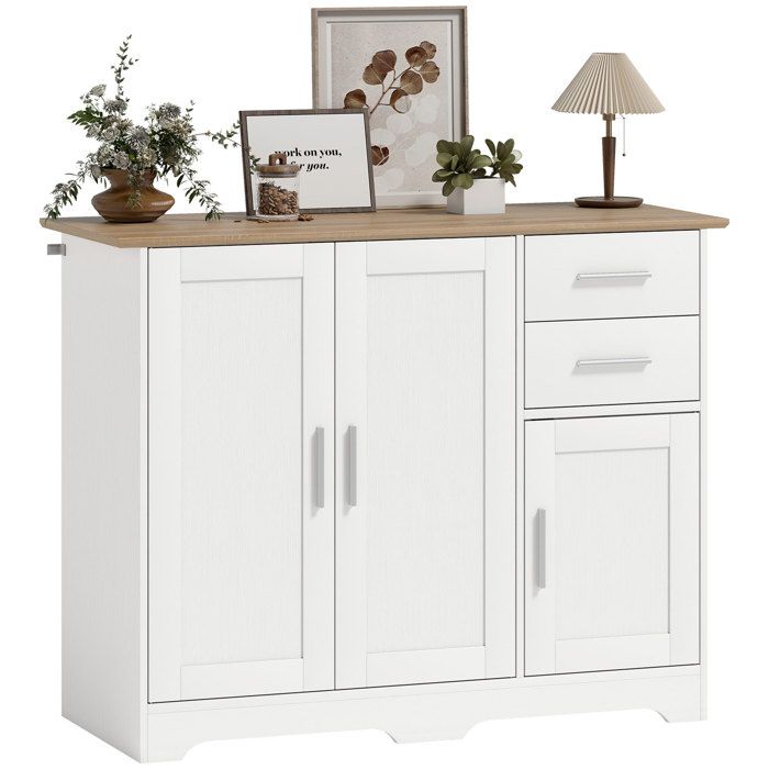 Buffet - HOMCOM - 2 tiroirs 3 portes et étagère réglable - panneau de particules et MDF - 100x40x78cm - blanc et bois naturel
