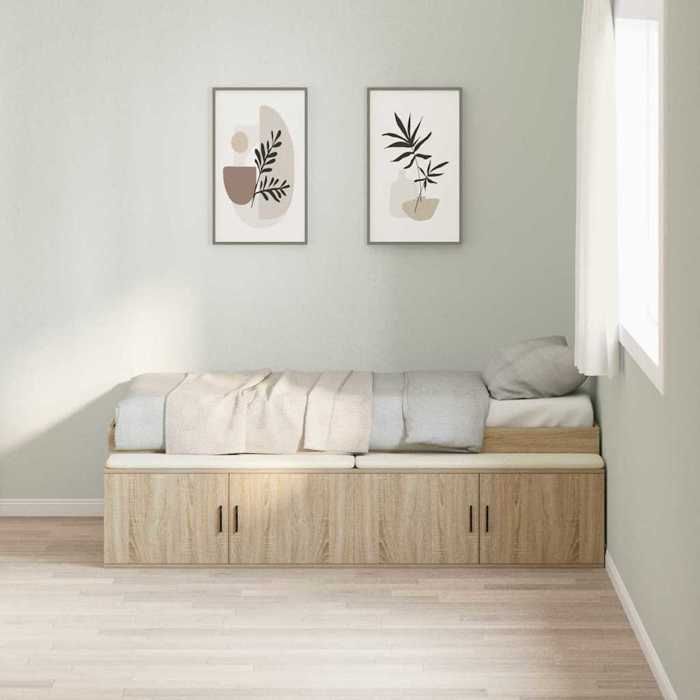 Structure de lit avec rangement - UU - Chêne sonoma - 90x190 cm - Bois dingénierie - Rangement intégré - Cadre à lattes