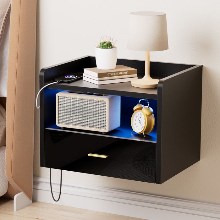 Table de Chevet Murale avec Prise 1AC/2USB et Lampe LED RGB - Tiroir Design Flottant - 40x30x30 cm - Noir