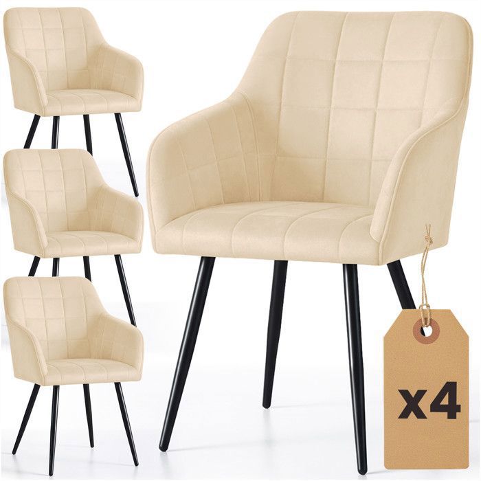 Lot de 4 Chaises rembourrées à surpiqûres carrées LUXANO Beige pieds noirs