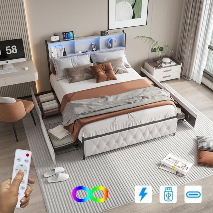 Lit double 140x200cm - ADWOLT - Lit capitonné - 4 tiroirs - LED et USB - Velours Beige