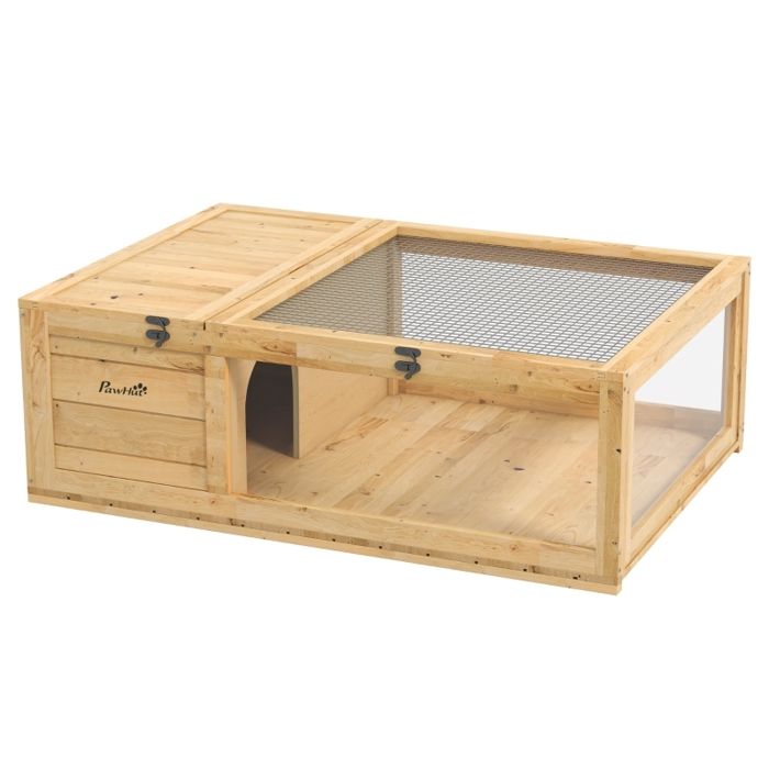 Comparer les prix de Enclos de tortue en bois - 91x605x32 cm - Jaune - Bois dépicéa robuste - Design à deux pièces - Fenêtres en verre