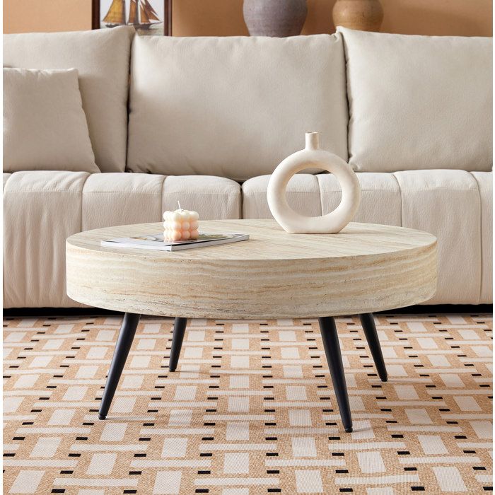 Table basse ronde noir et décor travertin clair de diamètre 70 x H 355 cm pieds métal réglables