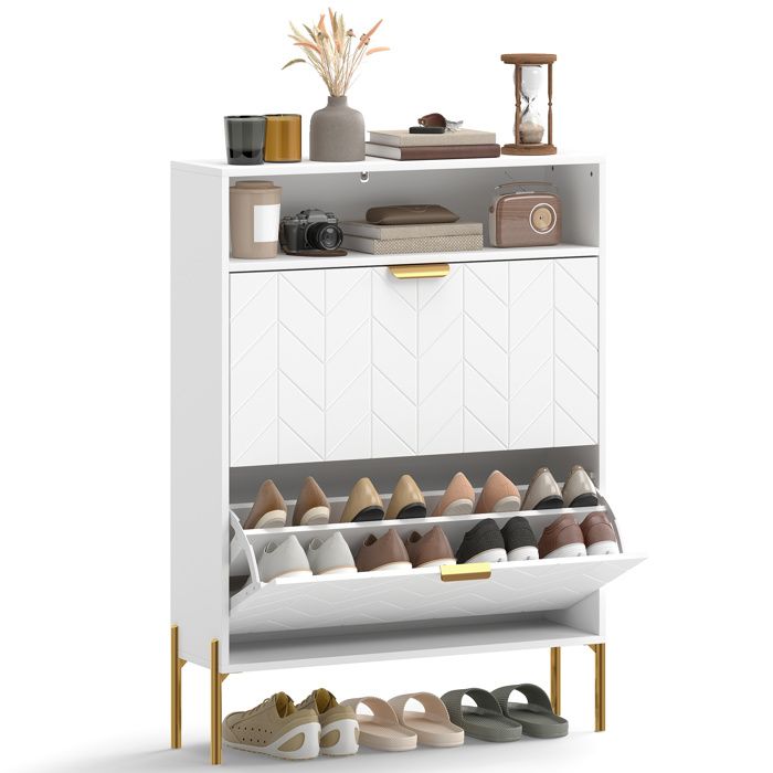 Meuble à chaussures - HOMCOM - 2 tiroirs rabattables compartiment ouvert et étagères réglables - bois - 80 x 237 x 110 cm - blanc