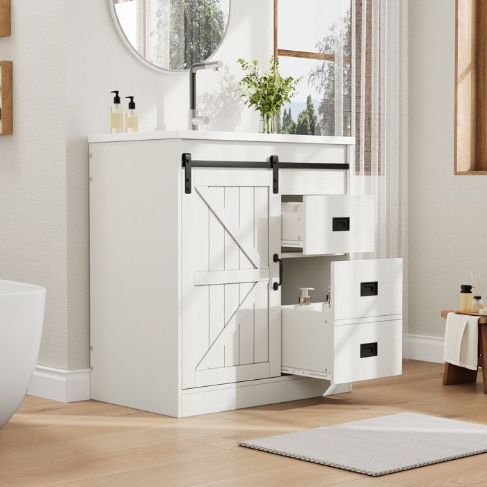 Meubles de salle de bains - Becag - Meuble sous Lavabo avec vasque en céramique et tiroir - 73x46.5x87.5cm Blanc