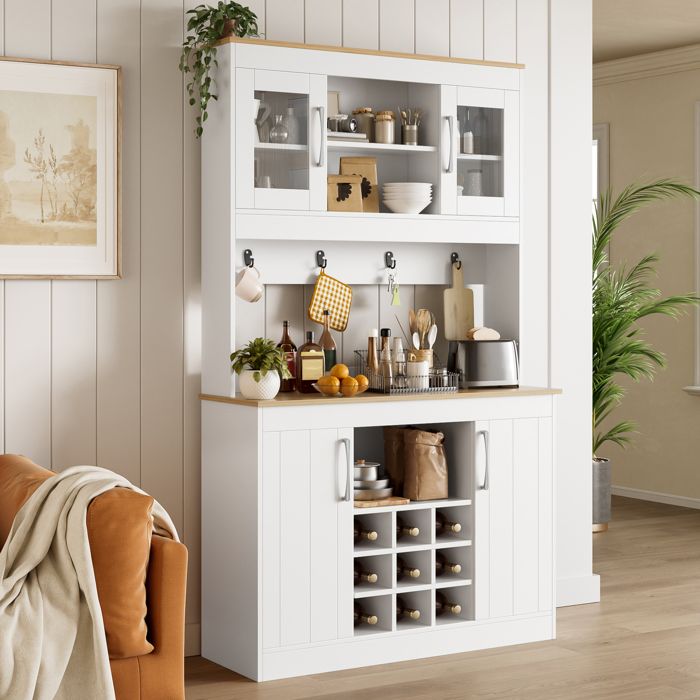 Buffet de cuisine 106x39x175 cm avec surmeuble portes vitrées range-bouteilles et barre à crochets grand rangement - blanc