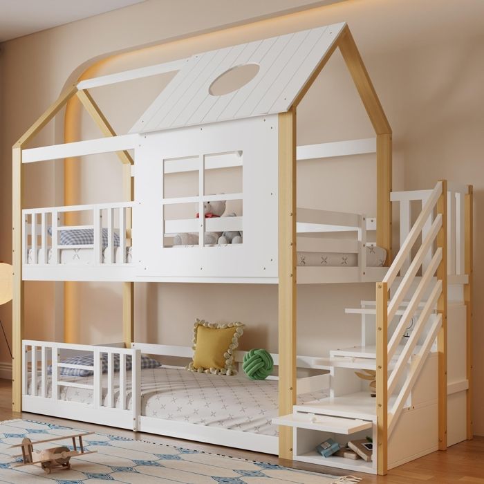 Lit superposé cabane enfant - KOMHTOM - Lit cabane - 90 x 200 cm - Escalier de rangement - Blanc/Naturel Lit superposé cabane enfant - KOMHTOM - Lit cabane - 90 x 200 cm - Escalier de rangement - Blanc/Naturel