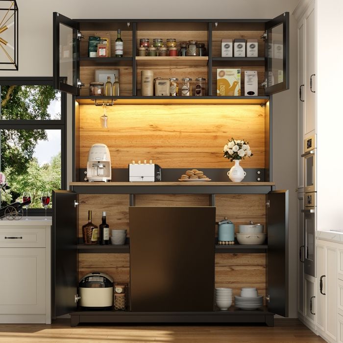 Armoires Cuisine - Buffet - Haut Vaisselier avec Prises Électriques LED-avec Plans de Travail-Étagères Réglables-120x40x180cm-Noir