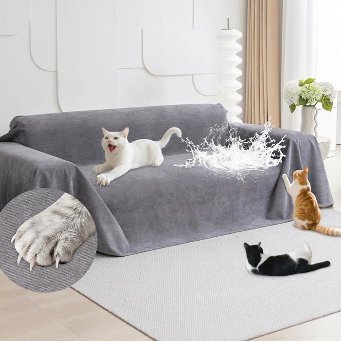 1 Pièce Housse de Protection Canapé 3 Places Anti-Griffures Chat Imperméable Polyester Gris 300x180cm Couvertur HOUSSE DE CANAPE