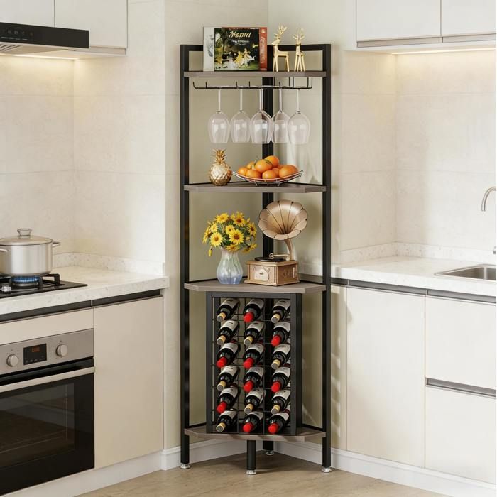 Étagère dangle range-bouteilles EVRYAE 40 x 40 x 160 cm 4 niveaux avec 6 porte-verres MDF métal gris