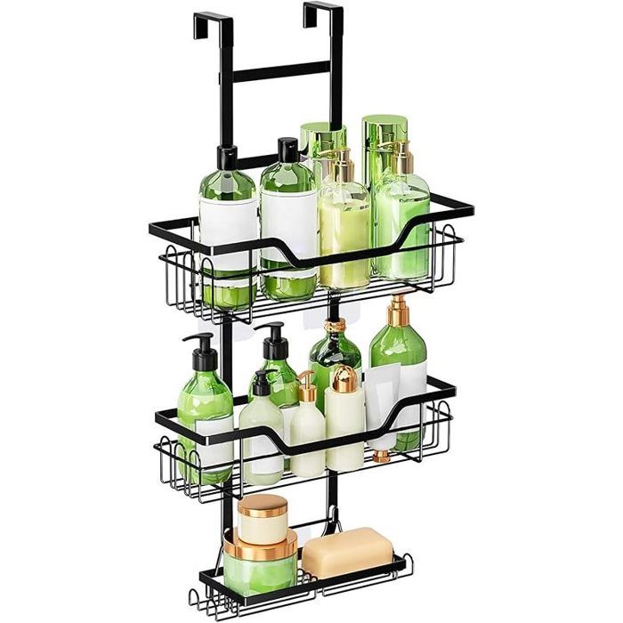 Etagere Douche à Suspendre Porte Savon Douche sans Perçage Support gel Fouche Salle de Bain Etagere Salle de Bain avec Porte Noir