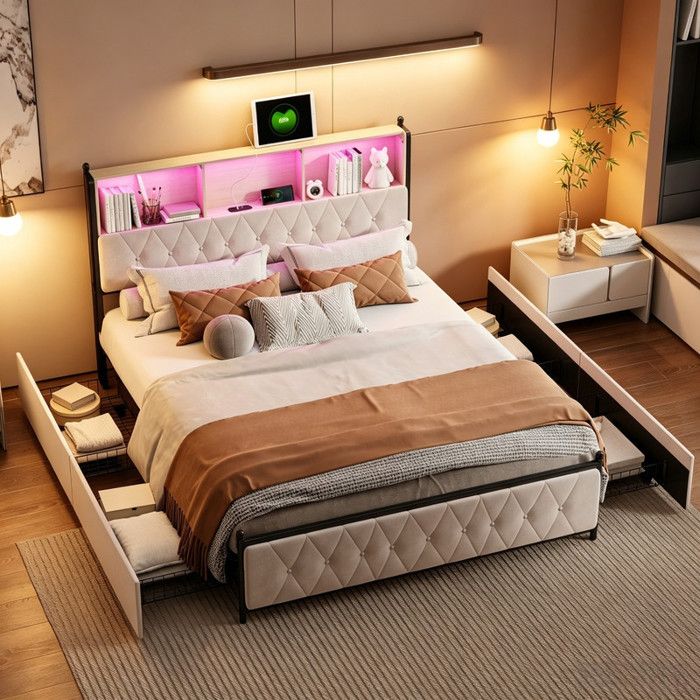 Lit double avec 4 tiroirs Lit 140x200 cm avec sommier Lit coffre avec port USB et LED rangement de tête de lit Beige velours