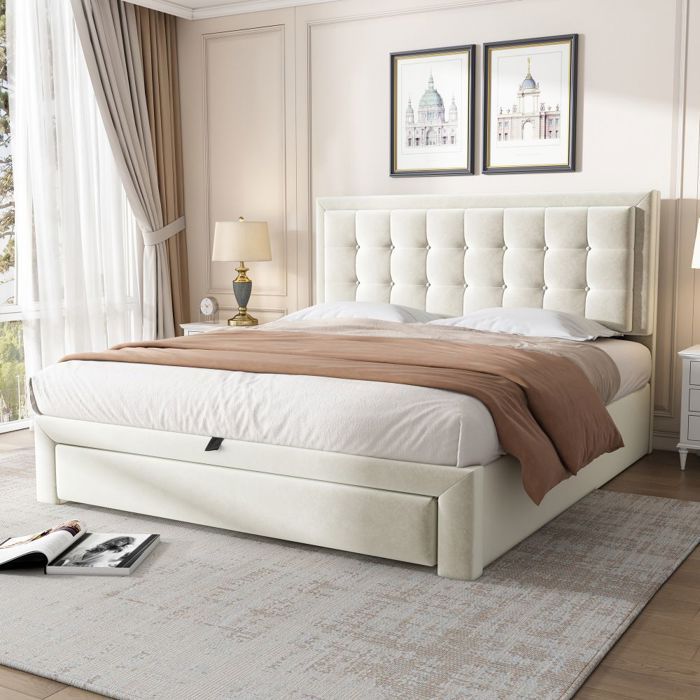 Lit Double 140x200 Beige - Tête Intégrée Hydraulique - 2 Tiroirs Lattes Bois - Rangement Confort (sans Matelas)