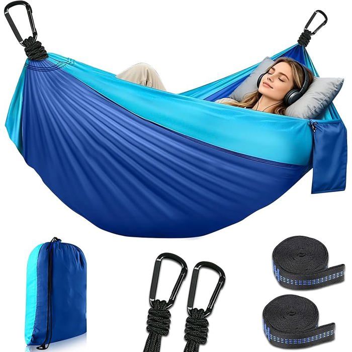 Hamac deux places bleu tissu parachute respirant 300x200cm résistant jusquà 300 kg pour randonnée