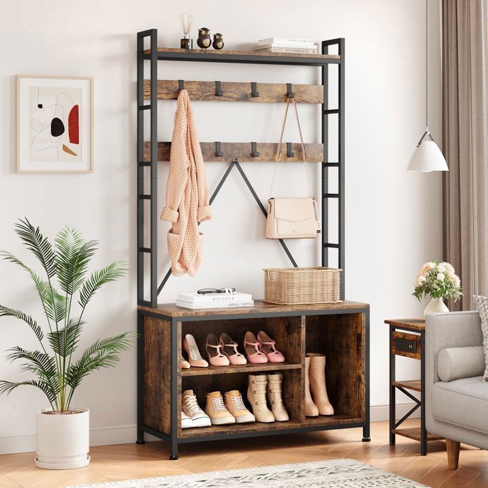 Porte-Manteau Avec Banc Porte-Manteau Industriel Rangement Pour Chaussures Organiseur dEntrée Avec Casiers-177.5 x 35 x92Cm