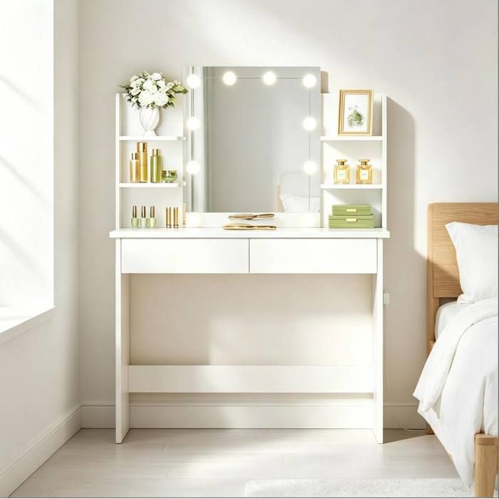 Coiffeuse blanche 90 x 40 x 135 cm avec miroir LED 45 x 60 cm 2 tiroirs et 4 étagères ouvertes