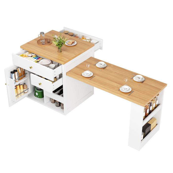 Blanc Îlot de cuisine multifonction avec plateau extensible 122 5-195 5cm rangement table à manger charge max 60kg