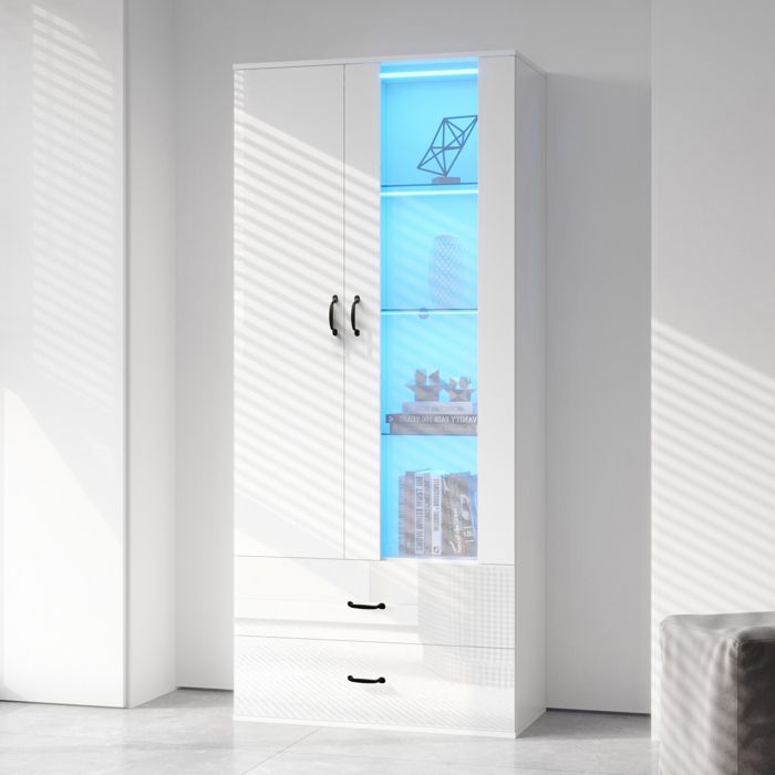 Vitrine LED Blanche 2 Portes 2 Tiroirs avec Porte Transparente Bluetooth - TCQPZ - Salon 595×35×182 cm