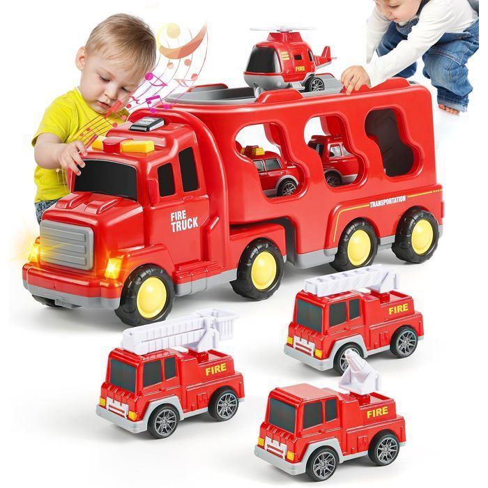 Camion de transport jouet – Camion de pompiers jouet 7-en-1 – Avec lumières et musique – Convient aux enfants à partir de 3 ans