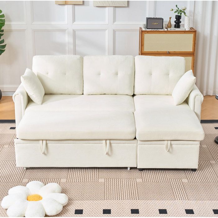 Canapé dAngle Convertible 3 Places Réversible avec Coffre et Poches Latérales Chenille Beige - UVRION